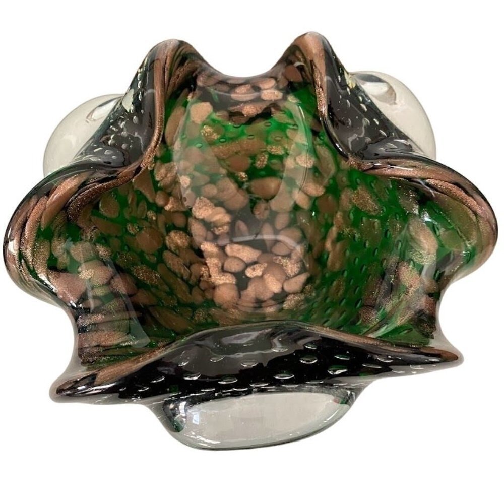 Murano Art Glass Bowl Controlled Bubbles Bullicante Gold Aventurine